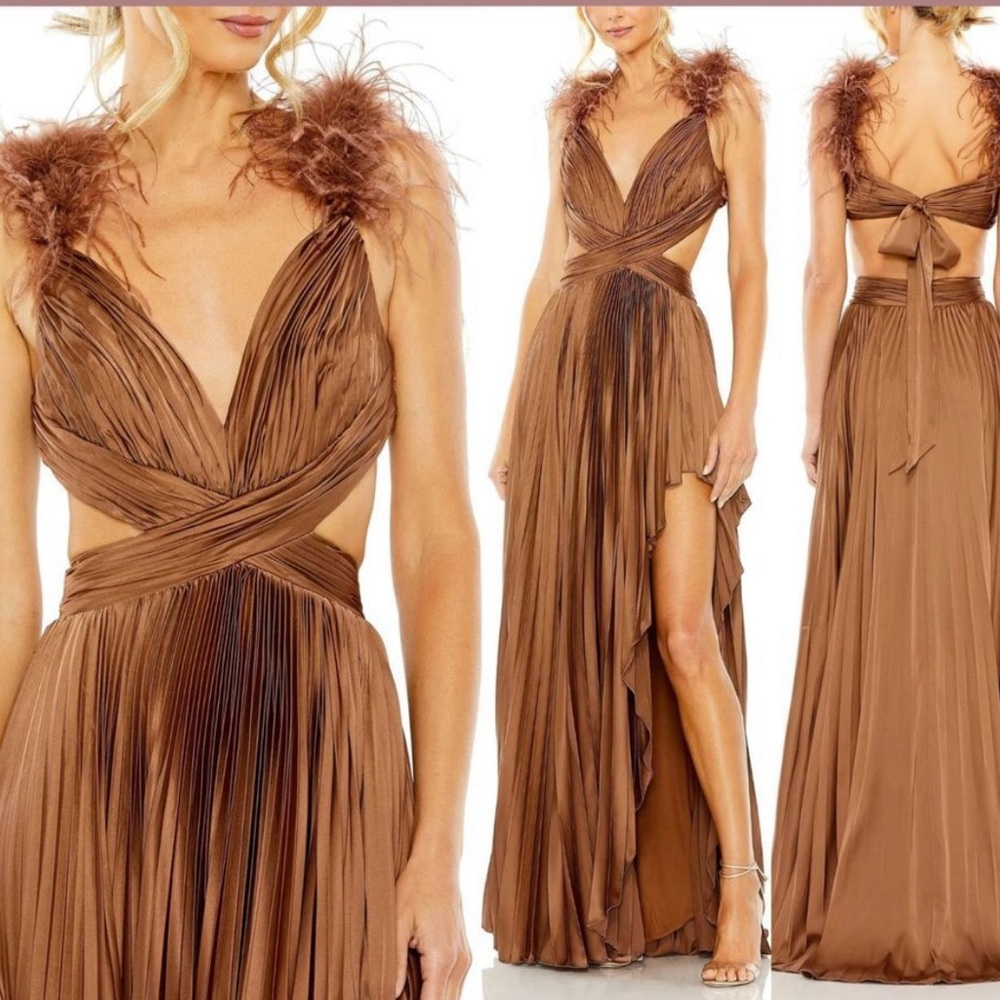 Mac Duggal Brown Backless Gown with Feather Details